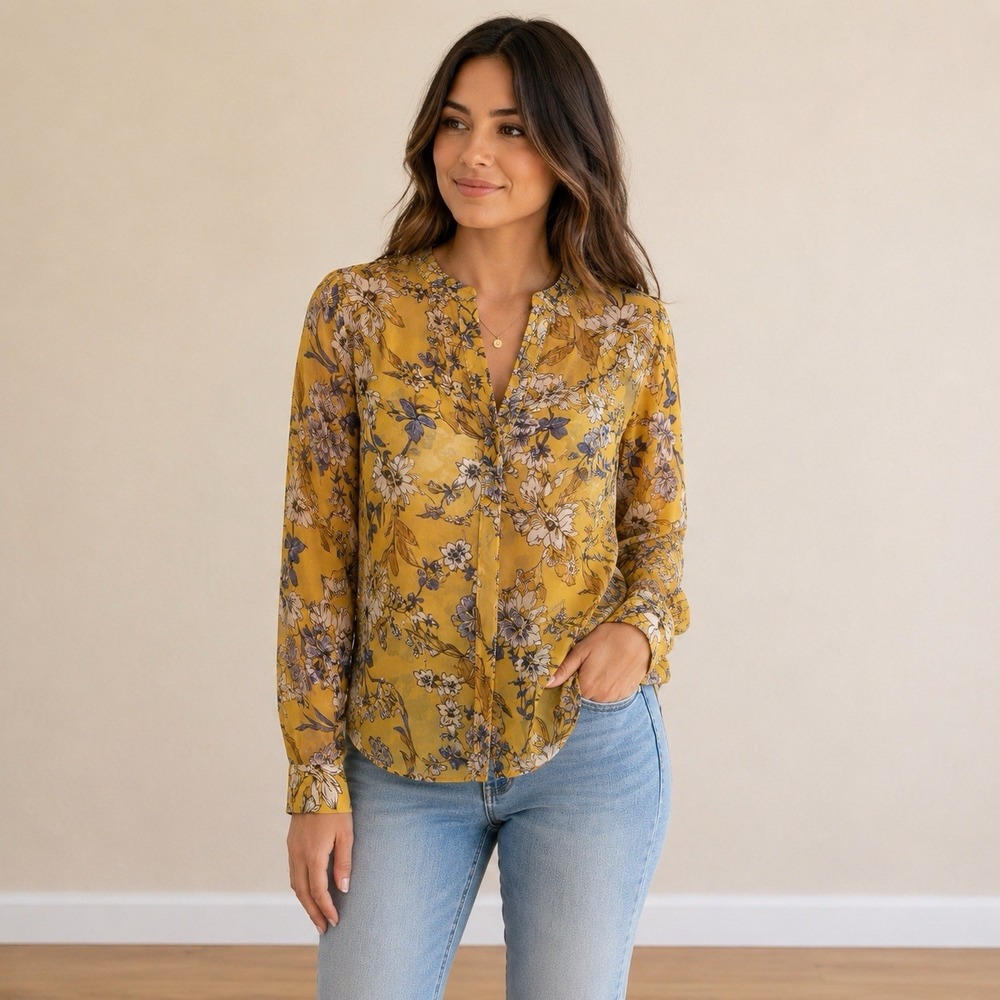 KUT from the Kloth Womens M Mustard Yellow Floral Sheer Blouse Long Sleeve - Picture 3 of 5